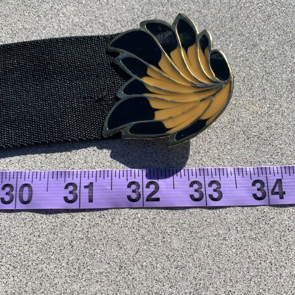 Vintage 80s Black Elastic Statement Buckle Cinch Waist Retro Belt - Picture 8 of 11